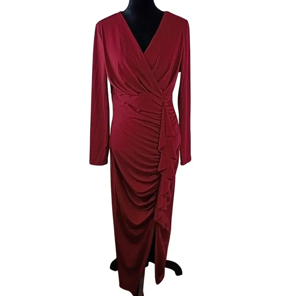 SHEIN Women's Evening Gown Large Burgundy Polyester Elastane Formal Ruffled - Picture 2 of 5